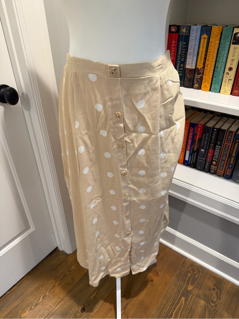 Beige Polka Dot Button-Front Midi Skirt